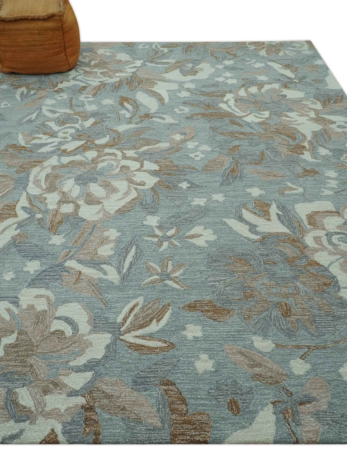 Custom Made Elegant Blue, Ivory and Olive Floral Design Hand Tufted wool Rug