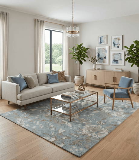 Custom Made Elegant Blue, Ivory and Olive Floral Design Hand Tufted wool Rug