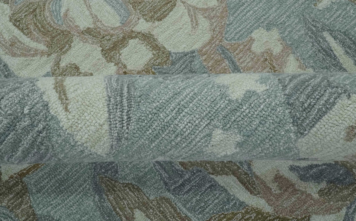 Custom Made Elegant Blue, Ivory and Olive Floral Design Hand Tufted wool Rug