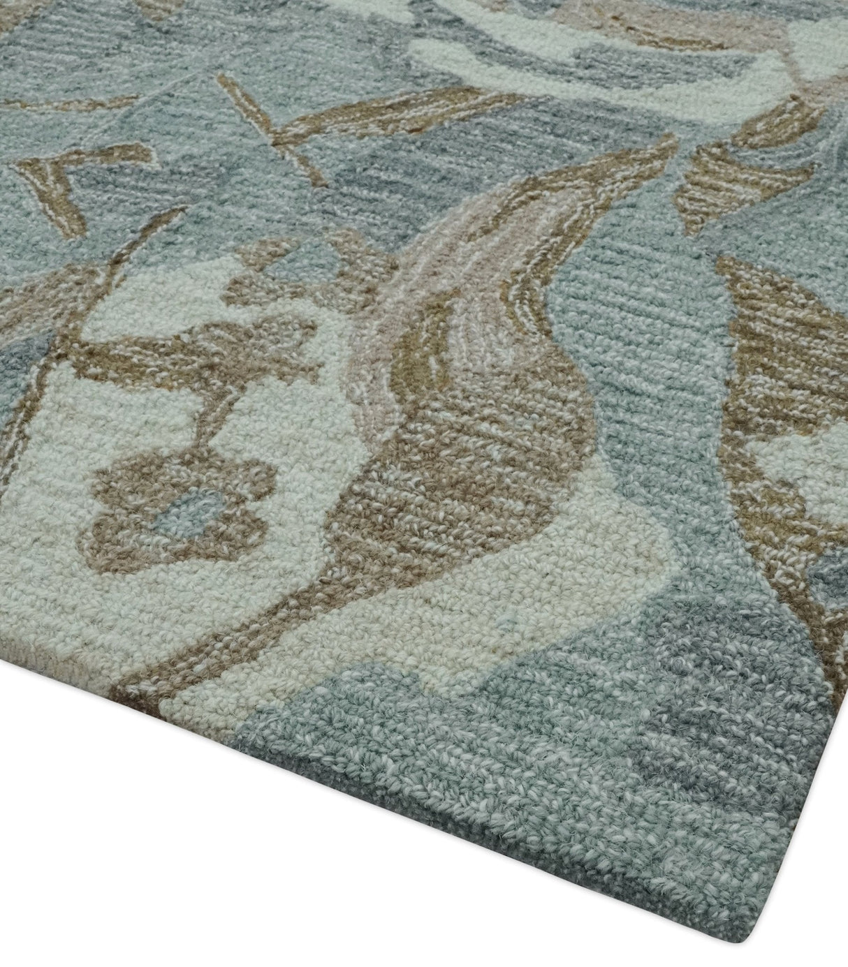 Custom Made Elegant Blue, Ivory and Olive Floral Design Hand Tufted wool Rug