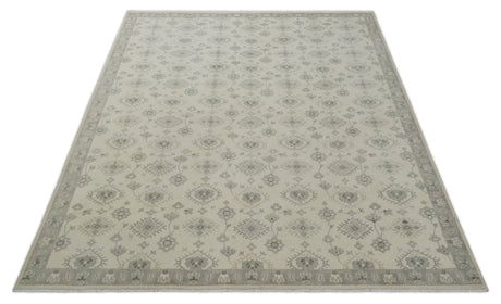 Custom Made Fine Hand Knotted Ivory and Charcoal Style Hand knotted Wool Area Rug