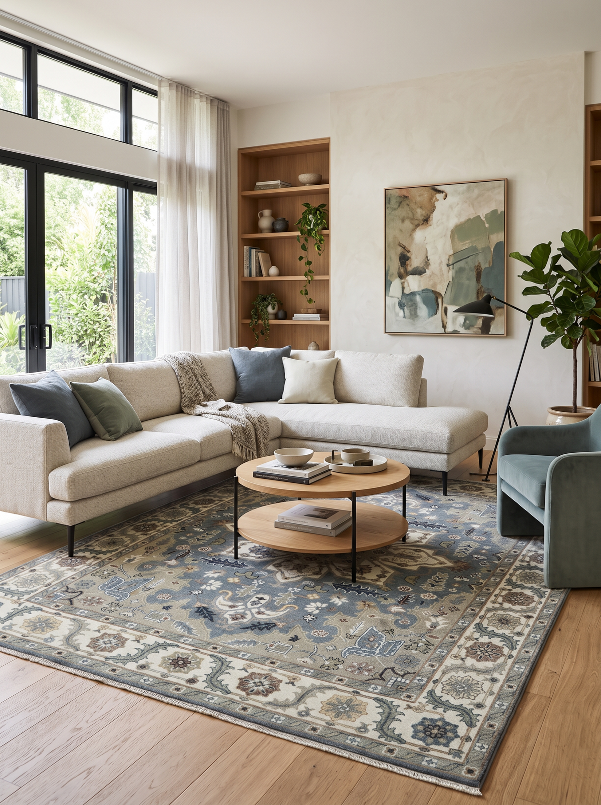 Custom Made Fine Knots Hand Knotted Ivory, Taupe and Olive Traditional Wool Rug
