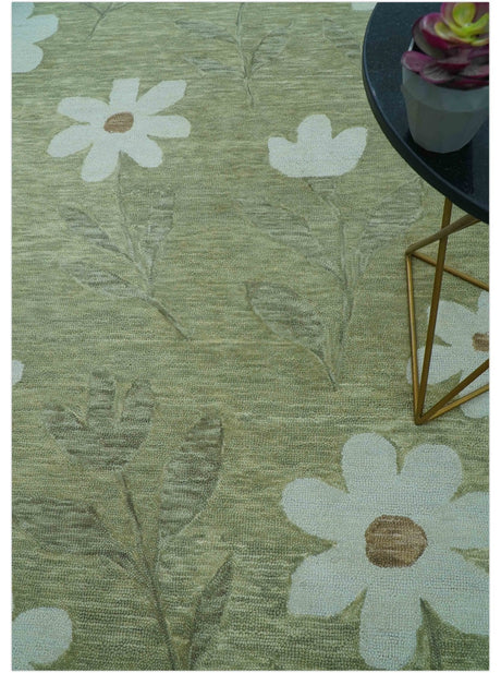 Custom Made Floral Olive Green Hand Tufted Wool Area Rug