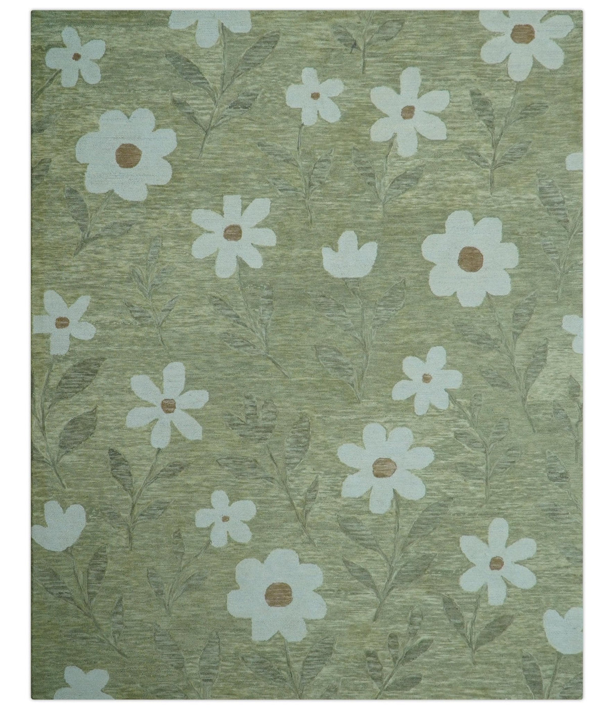 Custom Made Floral Olive Green Hand Tufted Wool Area Rug