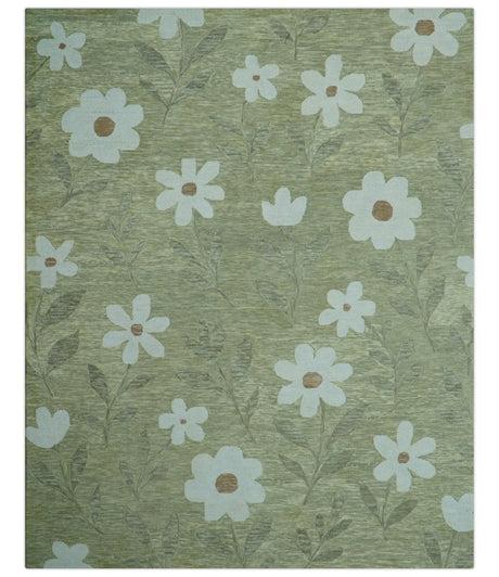 Custom Made Floral Olive Green Hand Tufted Wool Area Rug