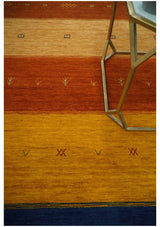 Custom Made Gabbeh Blue, Brown and Gold Stripes Design Wool Rug