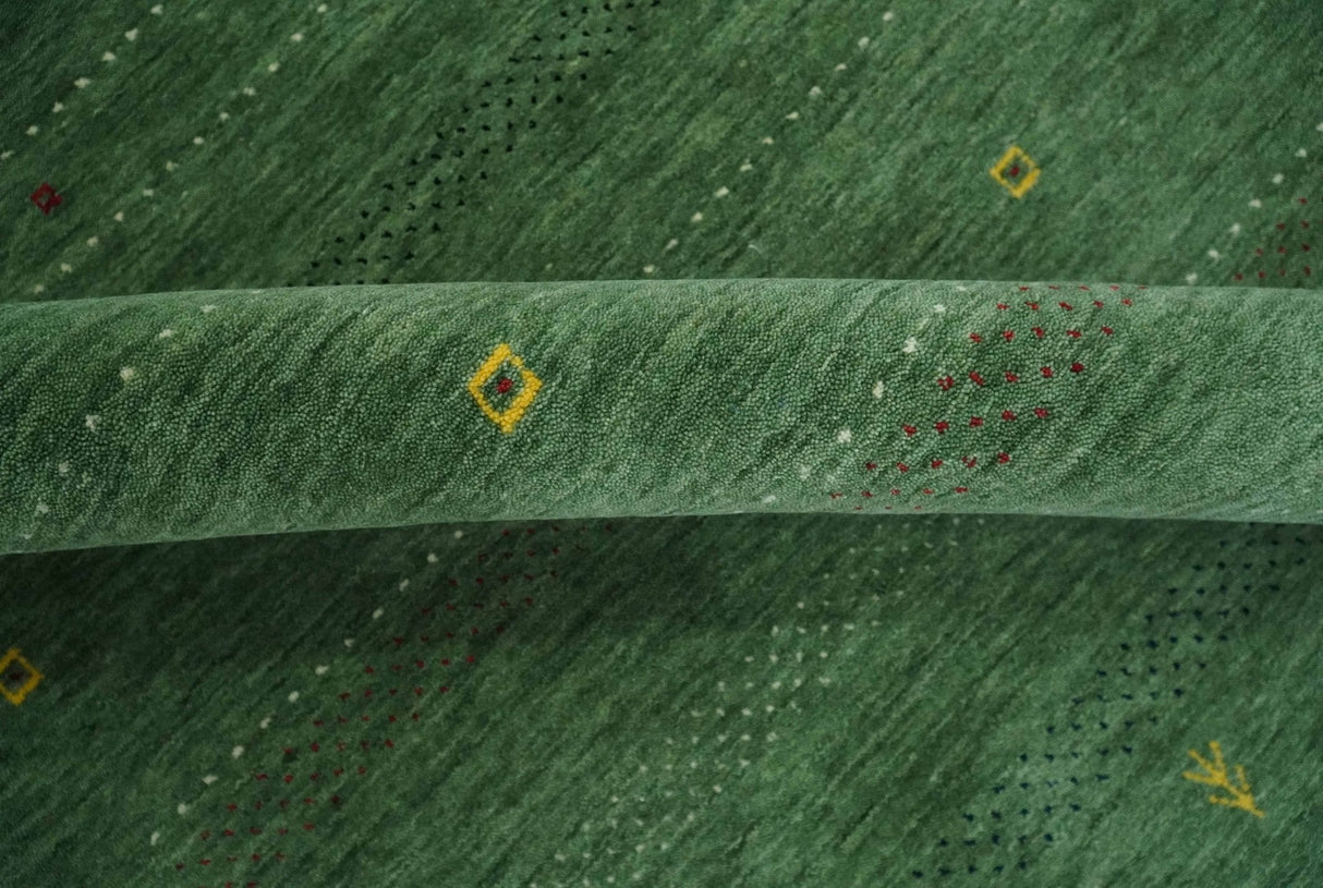 Custom Made Geometrical Stripes Design Green, Ivory and Charcoal wool Area Rug