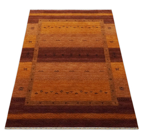Custom Made geometrical Stripes Design Rust and Brown Hand loom wool Area Rug