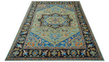 Custom Made Green And Blue Traditional Heriz Hand Knotted Wool Rug