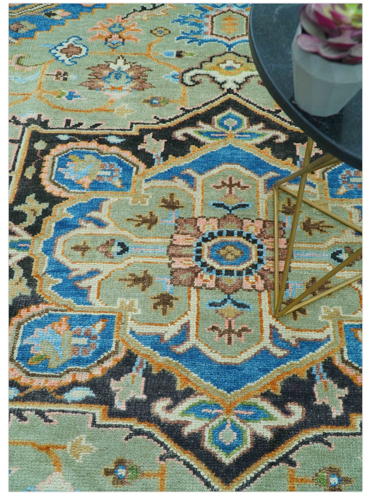 Custom Made Green And Blue Traditional Heriz Hand Knotted Wool Rug