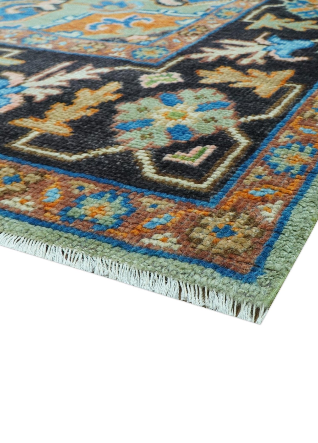 Custom Made Green And Blue Traditional Heriz Hand Knotted Wool Rug