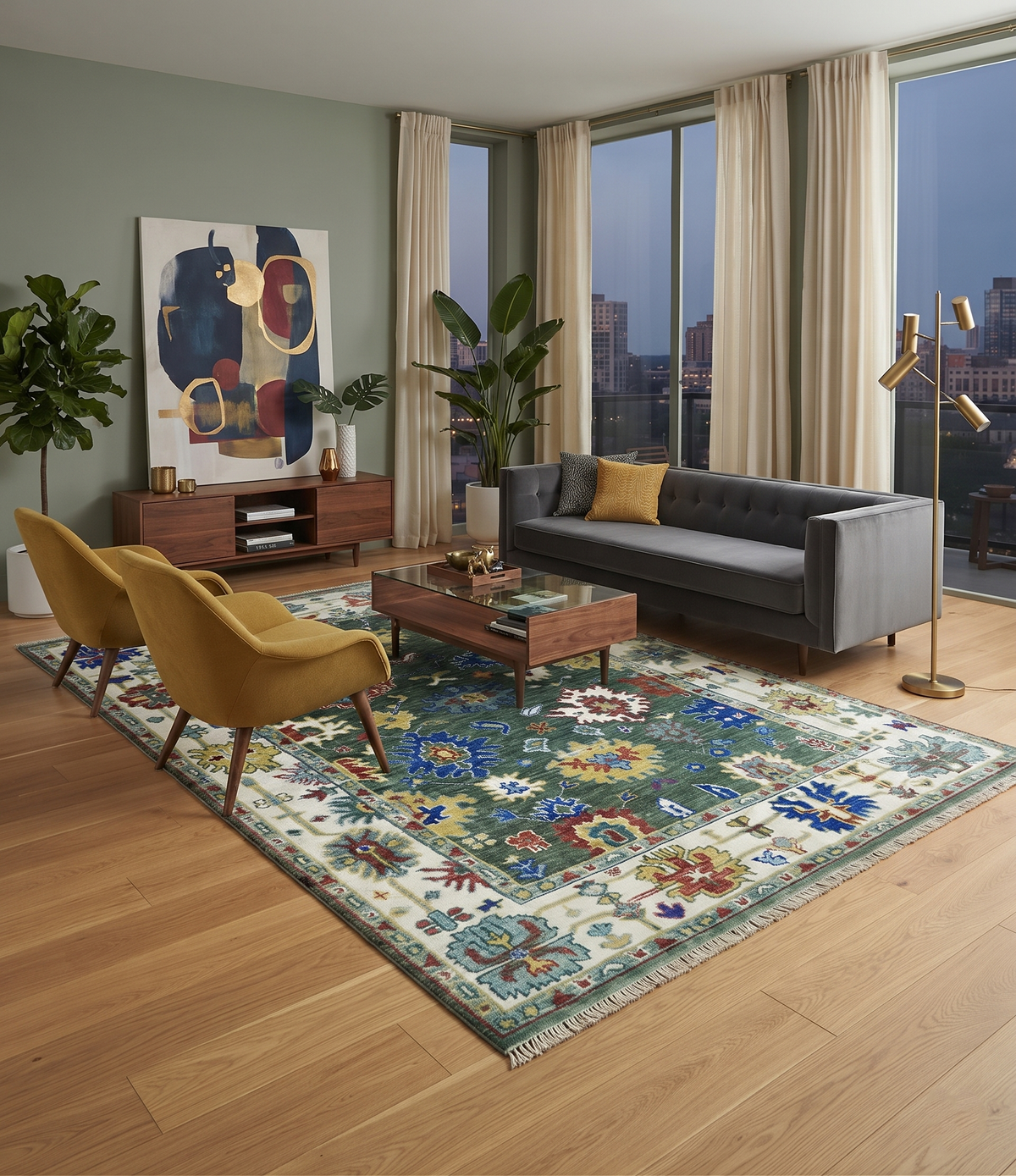 Custom Made Green and Ivory Colorful Hand knotted Traditional Oushak wool Area Rug