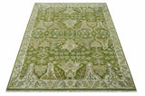 Custom Made Green and Ivory Traditional Dragon Oushak Design Hand knotted wool rug