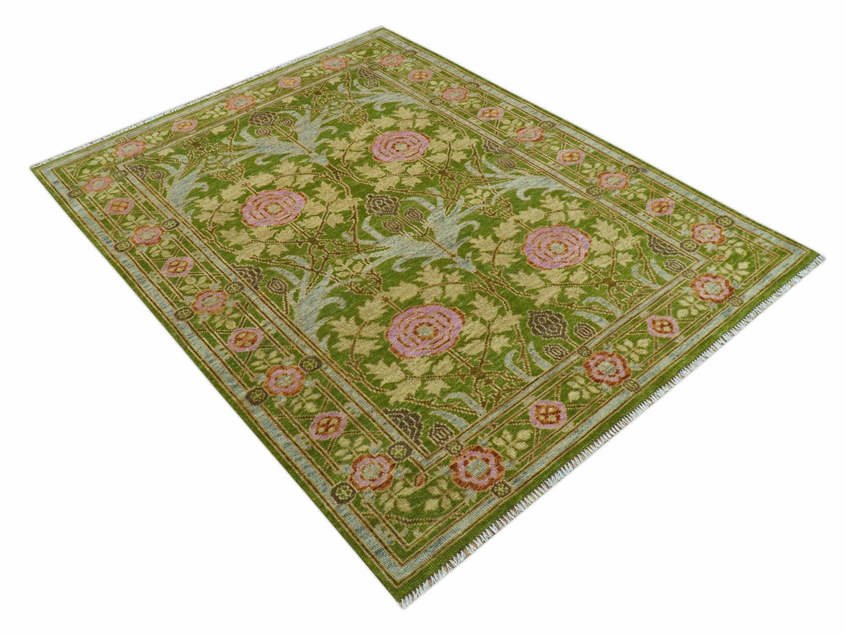 Custom Made Green And Pink Traditional Donegal Design Hand Knotted wool area rug