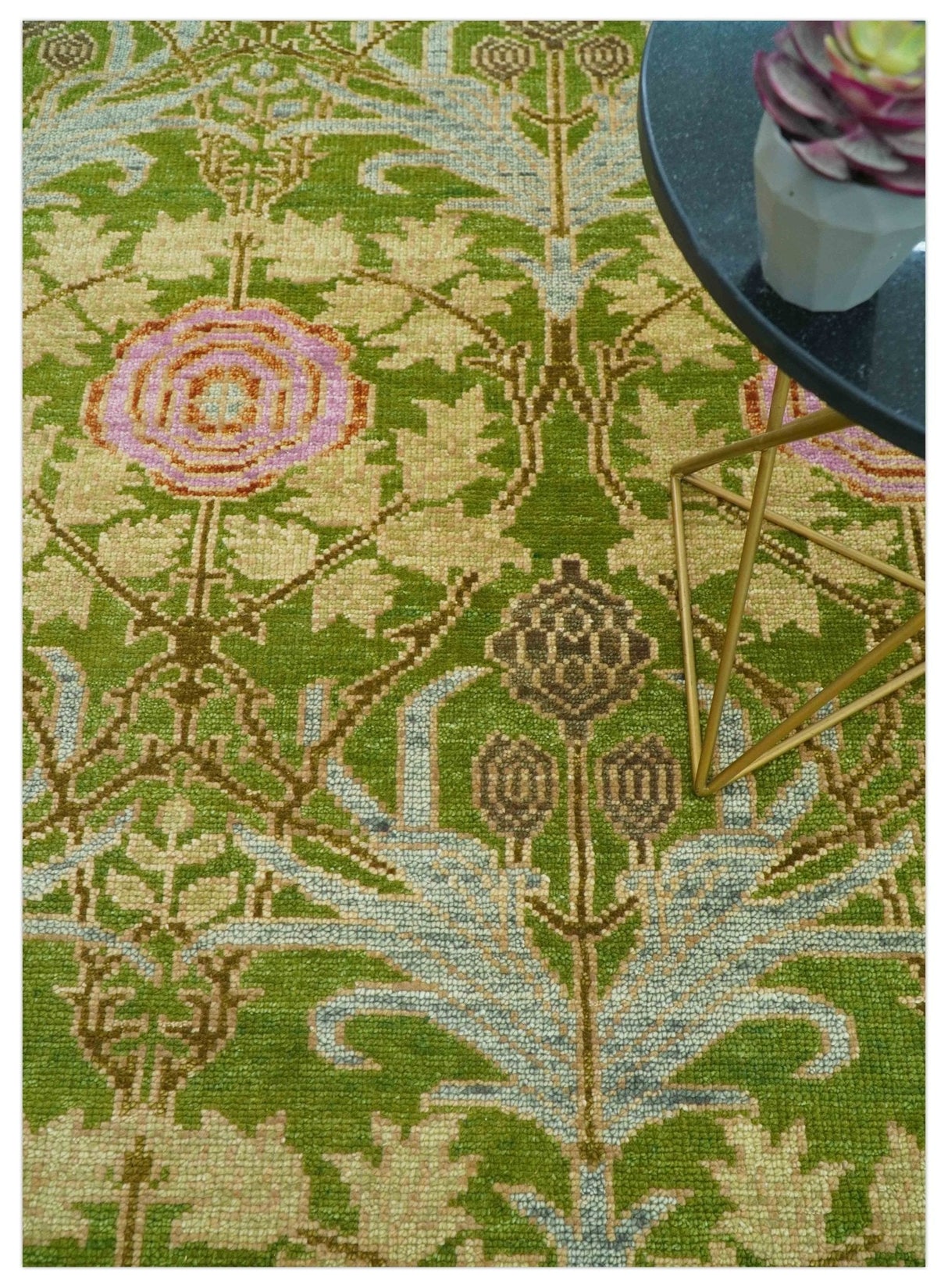 Custom Made Green And Pink Traditional Donegal Design Hand Knotted wool area rug