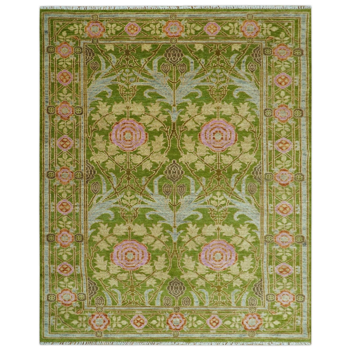 Custom Made Green And Pink Traditional Donegal Design Hand Knotted wool area rug