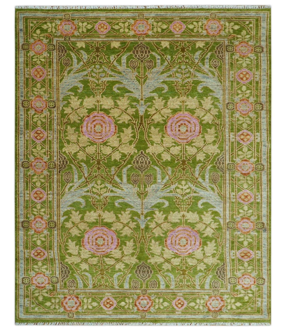 Custom Made Green And Pink Traditional Donegal Design Hand Knotted wool area rug