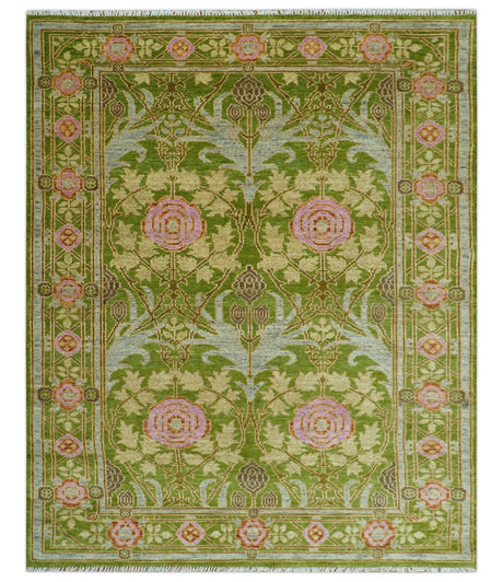 Custom Made Green And Pink Traditional Donegal Design Hand Knotted wool area rug