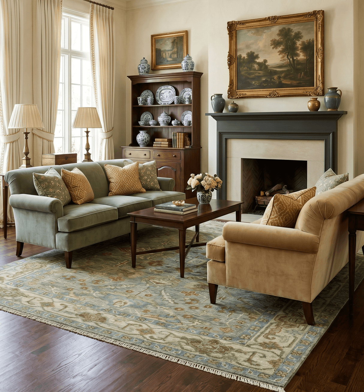 Custom Made Green Hand Knotted Antique Design Traditional Oushak wool area rug