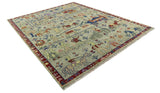 Custom Made Greenish Beige, Rust And Blue Folk Art Hand Knotted Wool Area Rug