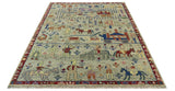Custom Made Greenish Beige, Rust And Blue Folk Art Hand Knotted Wool Area Rug