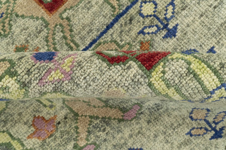 Custom Made Greenish Beige, Rust And Blue Folk Art Hand Knotted Wool Area Rug