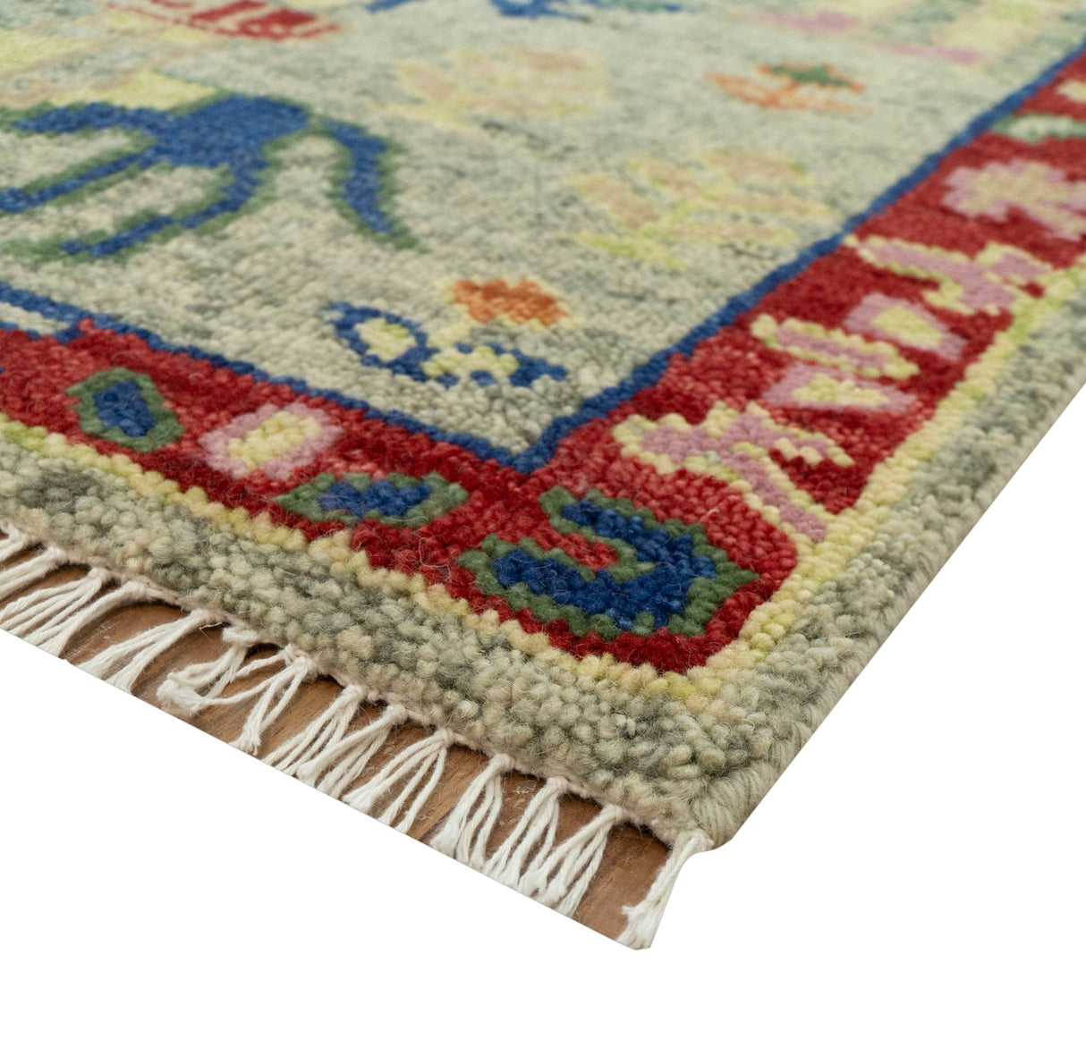 Custom Made Greenish Beige, Rust And Blue Folk Art Hand Knotted Wool Area Rug