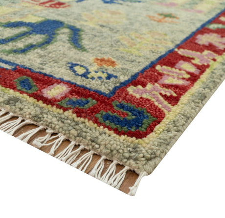 Custom Made Greenish Beige, Rust And Blue Folk Art Hand Knotted Wool Area Rug