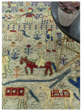 Custom Made Greenish Beige, Rust And Blue Folk Art Hand Knotted Wool Area Rug