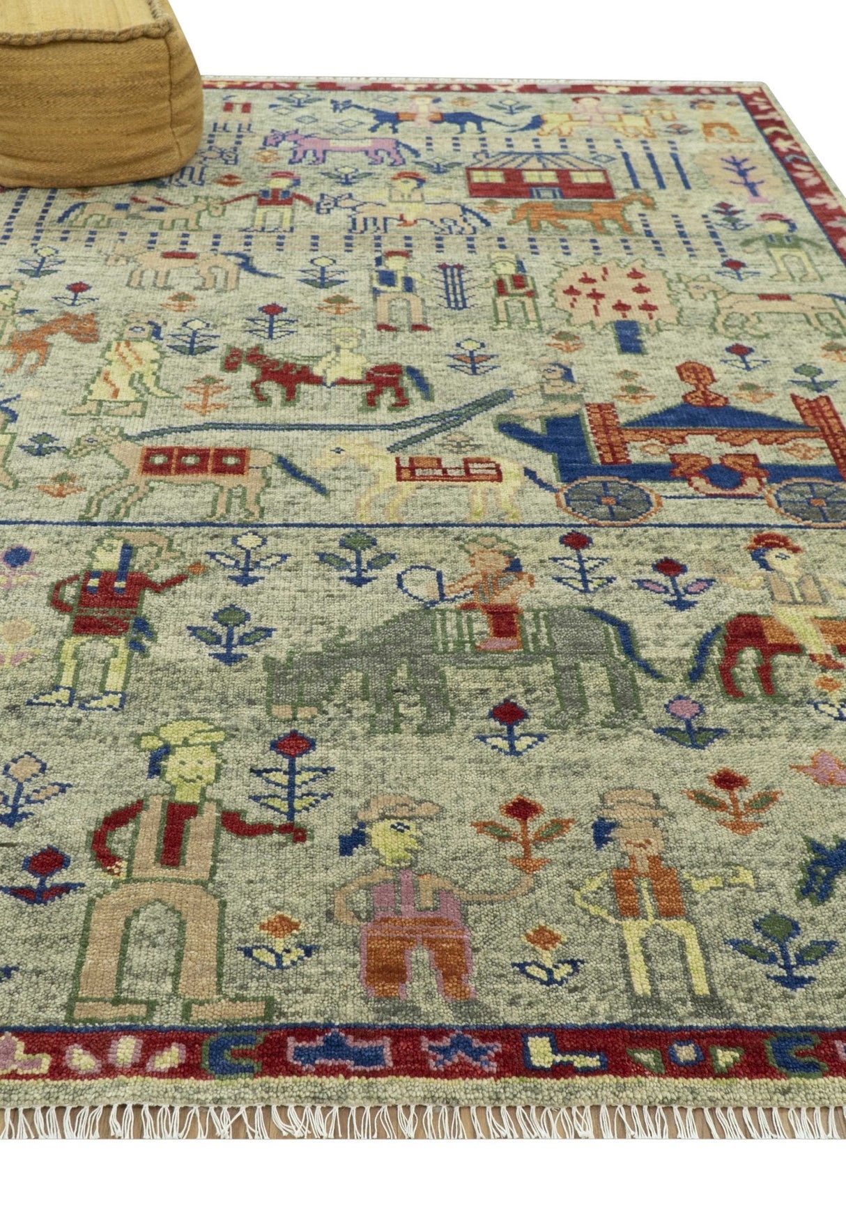 Custom Made Greenish Beige, Rust And Blue Folk Art Hand Knotted Wool Area Rug-Area Rug-Parc Decor