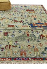 Custom Made Greenish Beige, Rust And Blue Folk Art Hand Knotted Wool Area Rug-Area Rug-Parc Decor