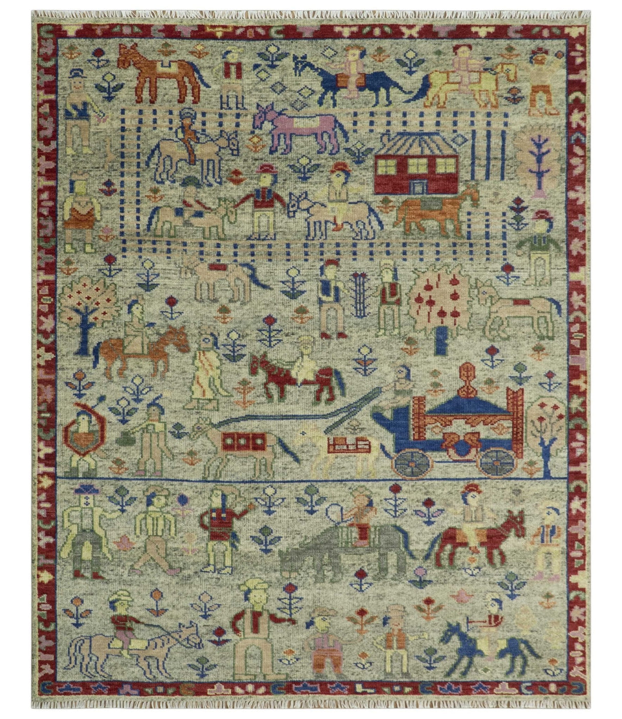 Custom Made Greenish Beige, Rust And Blue Folk Art Hand Knotted Wool Area Rug-Area Rug-Parc Decor