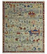 Custom Made Greenish Beige, Rust And Blue Folk Art Hand Knotted Wool Area Rug