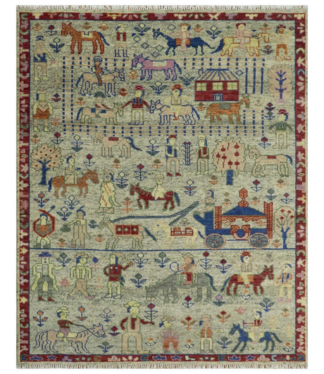 Custom Made Greenish Beige, Rust And Blue Folk Art Hand Knotted Wool Area Rug