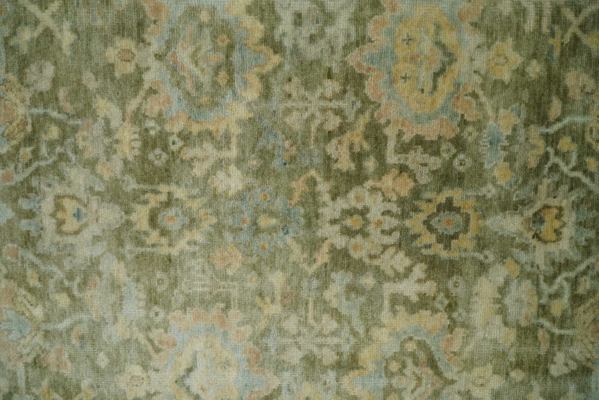 Custom Made Hand Knotted Antique Finish Green, Aqua and Beige Traditional Wool Rug