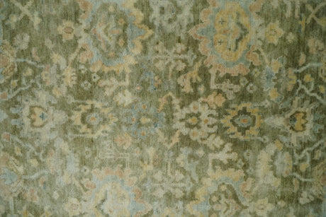 Custom Made Hand Knotted Antique Finish Green, Aqua and Beige Traditional Wool Rug