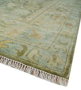 Custom Made Hand Knotted Antique Finish Green, Aqua and Beige Traditional Wool Rug