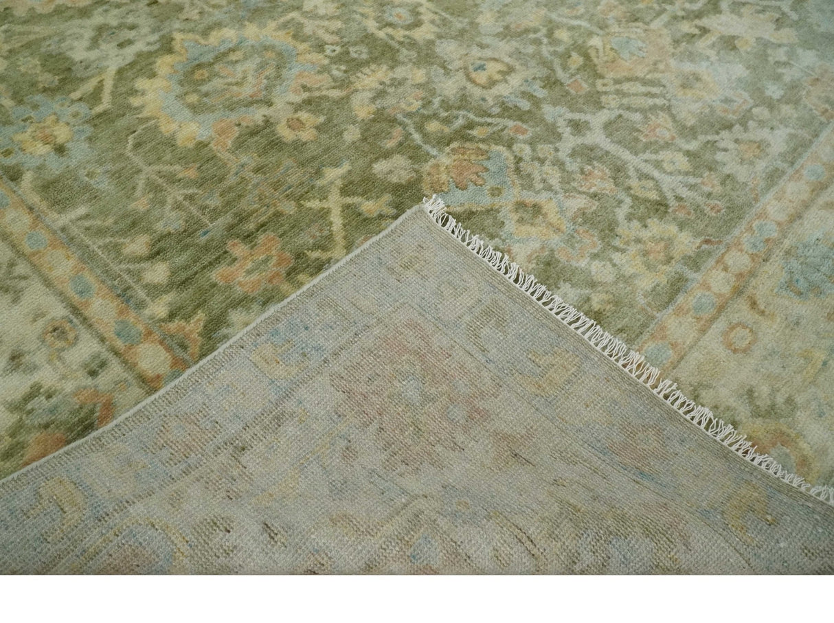 Custom Made Hand Knotted Antique Finish Green, Aqua and Beige Traditional Wool Rug