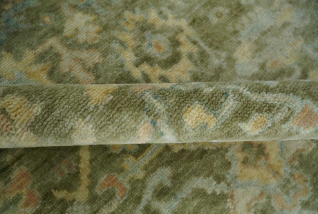 Custom Made Hand Knotted Antique Finish Green, Aqua and Beige Traditional Wool Rug
