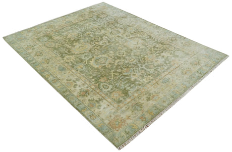 Custom Made Hand Knotted Antique Finish Green, Aqua and Beige Traditional Wool Rug