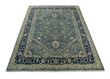 Custom Made Hand Knotted Antique Moss Gray Beige and Blue Traditional Heriz Serapi Wool Area Rug