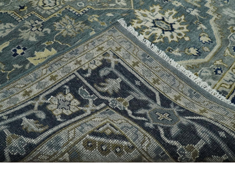 Custom Made Hand Knotted Beige and Blue Traditional Heriz Wool Area Rug