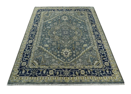Custom Made Hand Knotted Beige and Blue Traditional Heriz Wool Area Rug