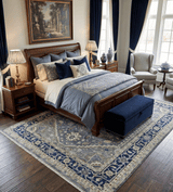 Custom Made Hand Knotted Beige and Blue Traditional Heriz Wool Area Rug