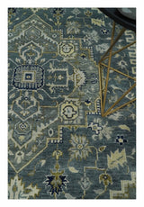Custom Made Hand Knotted Beige and Blue Traditional Heriz Wool Area Rug