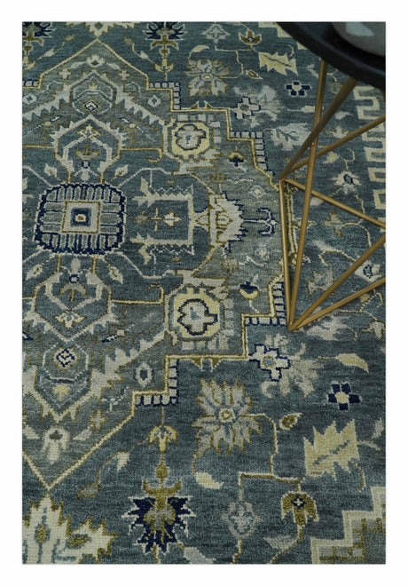 Custom Made Hand Knotted Beige and Blue Traditional Heriz Wool Area Rug