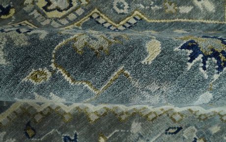 Custom Made Hand Knotted Beige and Blue Traditional Heriz Wool Area Rug