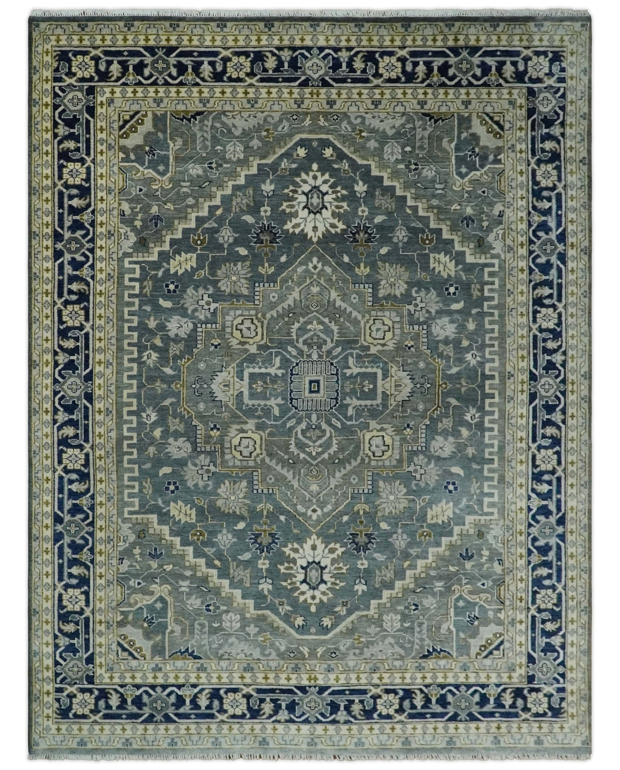 Custom Made Hand Knotted Beige and Blue Traditional Heriz Wool Area Rug