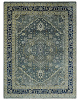 Custom Made Hand Knotted Beige and Blue Traditional Heriz Wool Area Rug