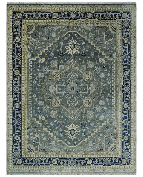 Custom Made Hand Knotted Beige and Blue Traditional Heriz Wool Area Rug